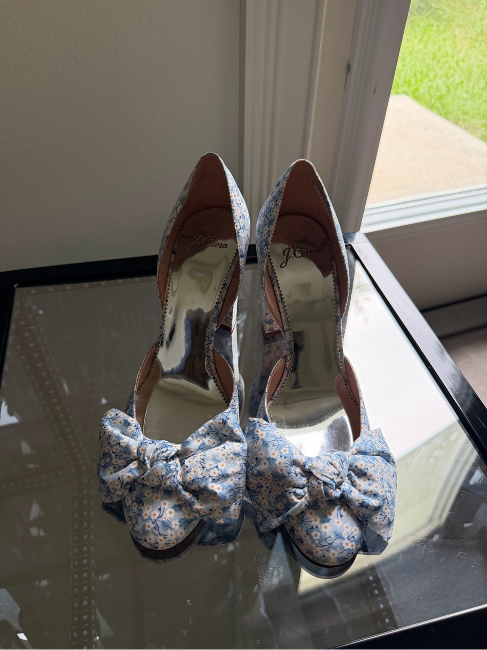 J. Crew Blue Floral Bow Peep-Toe Heels